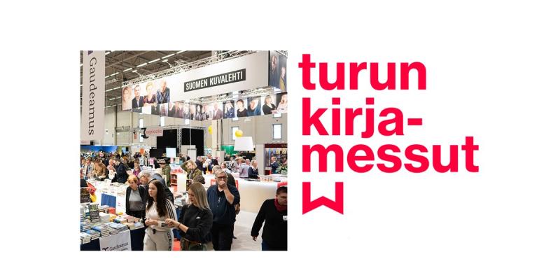 Messuyleisöä ja teksti Turun kirjamessut