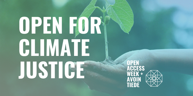 Text: Open for Climate Justice. On the background there is a hand holding a plant.