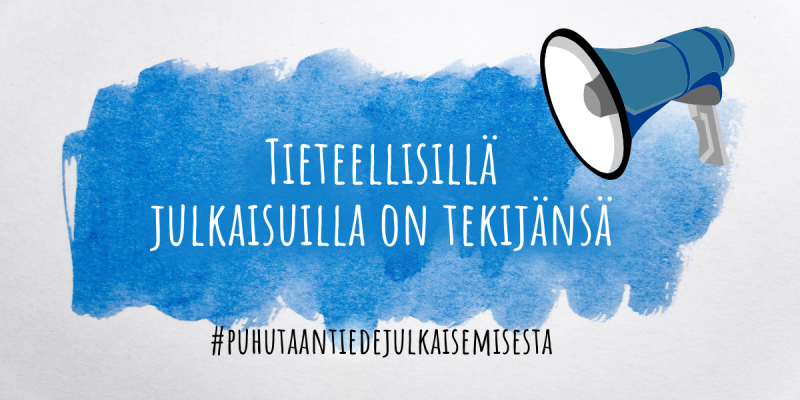 Sinisellä pohjalla teksti tieteellisillä julkaisuilla on tekijänsä ja megafonin kuva.