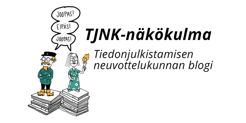 Piirros väittelevistä ihmisistä, jotka seivoat paperipinojen päällä. Vieressä teksti: TJNK-näkökulma. Tiedonjulkistamisen neuvottelukunnan blogi.