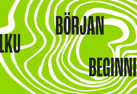 Text: Alku, Början, Beginning. In the background, green and white graphics.