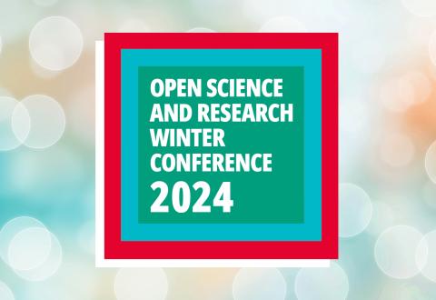 Poster for the Open Science and Research Winter Conference 2024. The design features a colorful background with circles in shades of blue, turquoise, and beige, with a bold green text box in the center announcing the event's title and year.