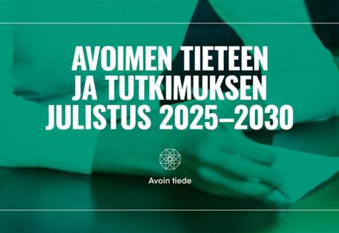 Teksti: Avoimen tieteen julistus. Taustalla grafiikkaa paperia allekirjoittavasta kynästä.